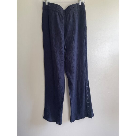 Soft Surroundings Oceo Gauze Wide Leg Pants Womens M Navy Wide Leg Button Detail - Picture 2 of 9